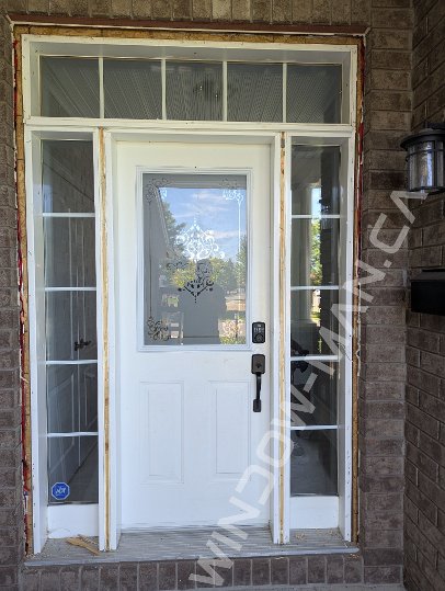 brown oak grain fiberglass door with sidelights and super grey glass, 8-foot, multipoint lock - before-after