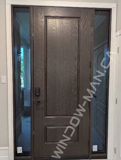 brown oak grain fiberglass door with sidelights and super grey glass, 8-foot, multipoint lock - view from the inside
