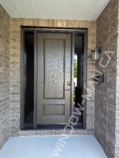 brown oak grain fiberglass door with sidelights and super grey glass, 8-foot, multipoint lock - view from the outside