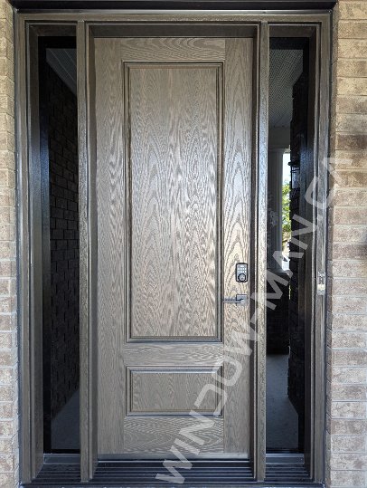 brown oak grain fiberglass door with sidelights and super grey glass, 8-foot, multipoint lock