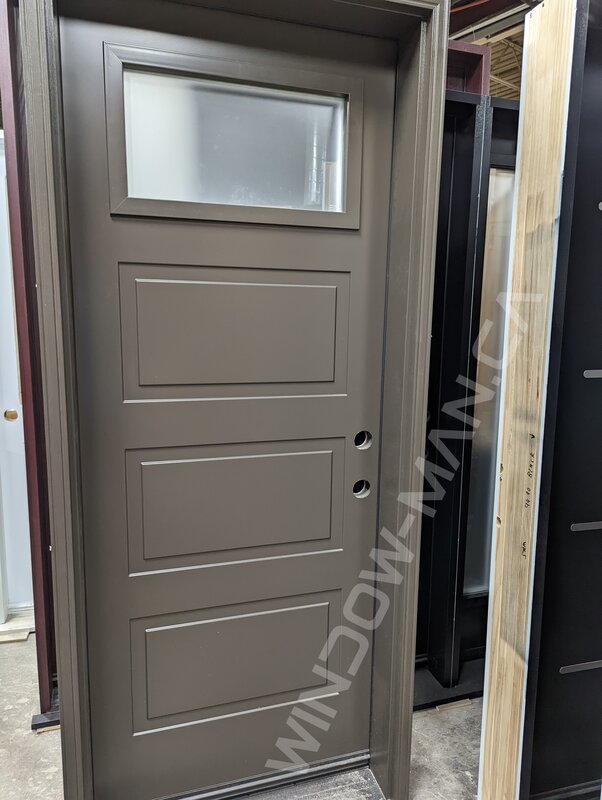 commercial brown 4 panel single steel door with small acid etched glass, novatech soho
