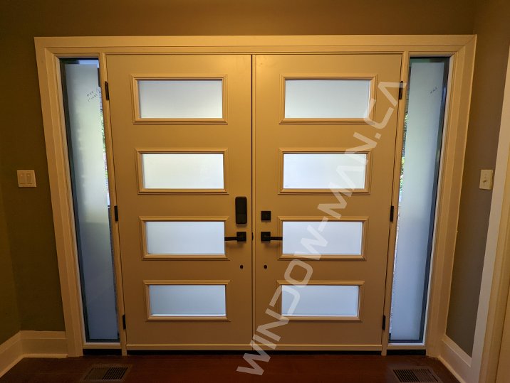 commercial brown steel double door with sidelights and acid glass, smart lock, novatech uno - view from the inside