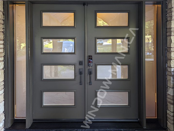 commercial brown steel double door with sidelights and acid glass, smart lock, novatech uno