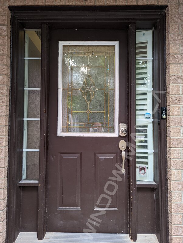 dark brown mahogany grain fiberglass door with sidelights and acid etched glass, groove design, smart lock - before-after