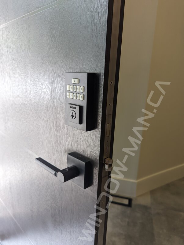 dark brown mahogany grain fiberglass door with sidelights and acid etched glass, groove design, smart lock - detailed close up