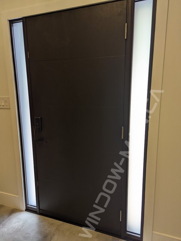 dark brown mahogany grain fiberglass door with sidelights and acid etched glass, groove design, smart lock - view from the inside