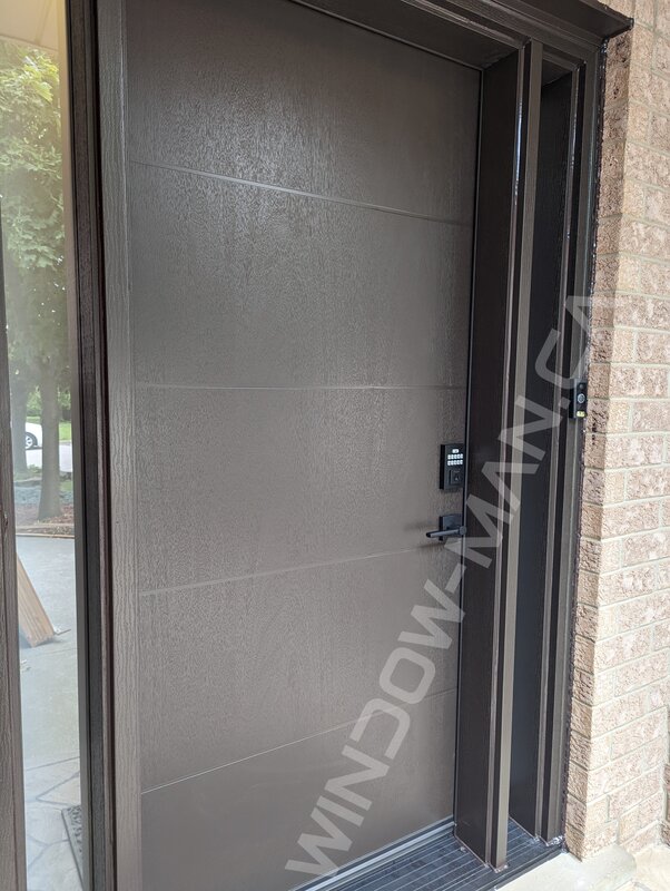 dark brown mahogany grain fiberglass door with sidelights and acid etched glass, groove design, smart lock - view from the outside
