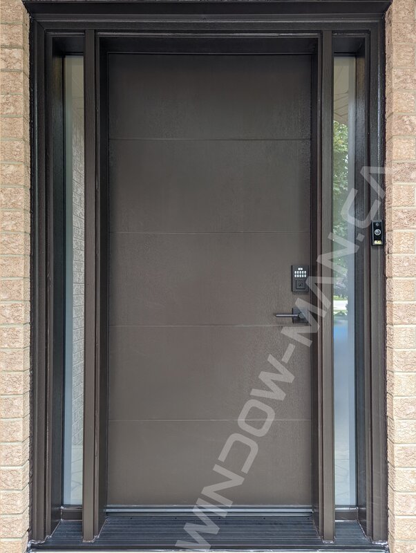 dark brown mahogany grain fiberglass door with sidelights and acid etched glass, groove design, smart lock