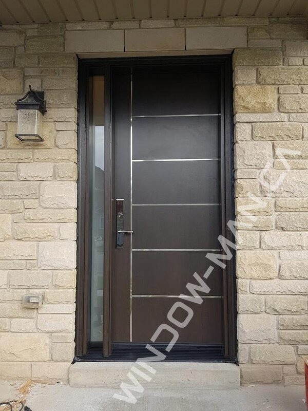 exterior front door with glass fiberglass with sidelight in antique brown with multipoint lock mahogany grain, 8 foot, stainless stripes design - view from the outside