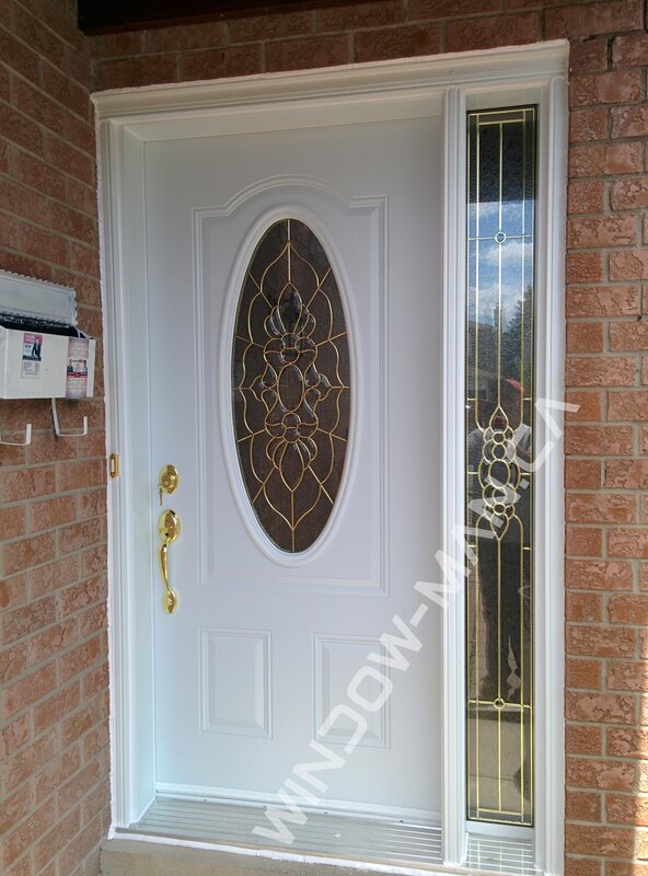 exterior steel door with sidelight in white with peterborough 3/4 oval stained glass brass caming - view from the outside