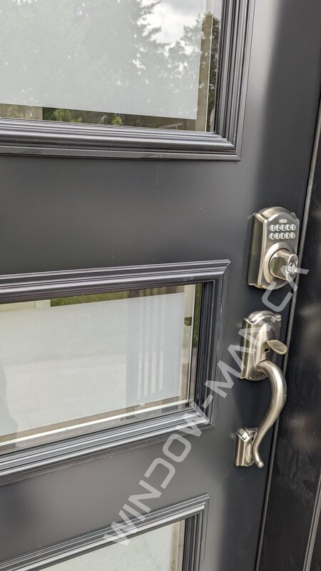 front door with side panel in black shaker frosted clear border glass - detailed close up