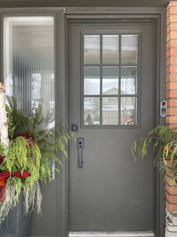 iron ore fiberglass door with sidelight and clear border glass, wide sidelight - before