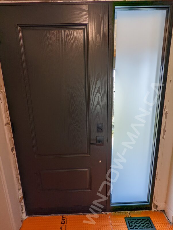 iron ore fiberglass door with sidelight and clear border glass, wide sidelight - view from the inside