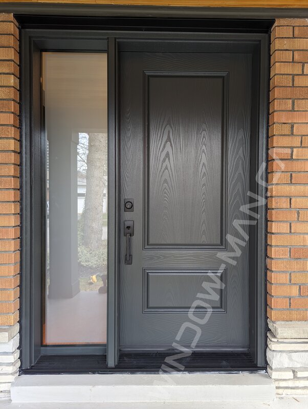 iron ore fiberglass door with sidelight and clear border glass, wide sidelight - view from the outside