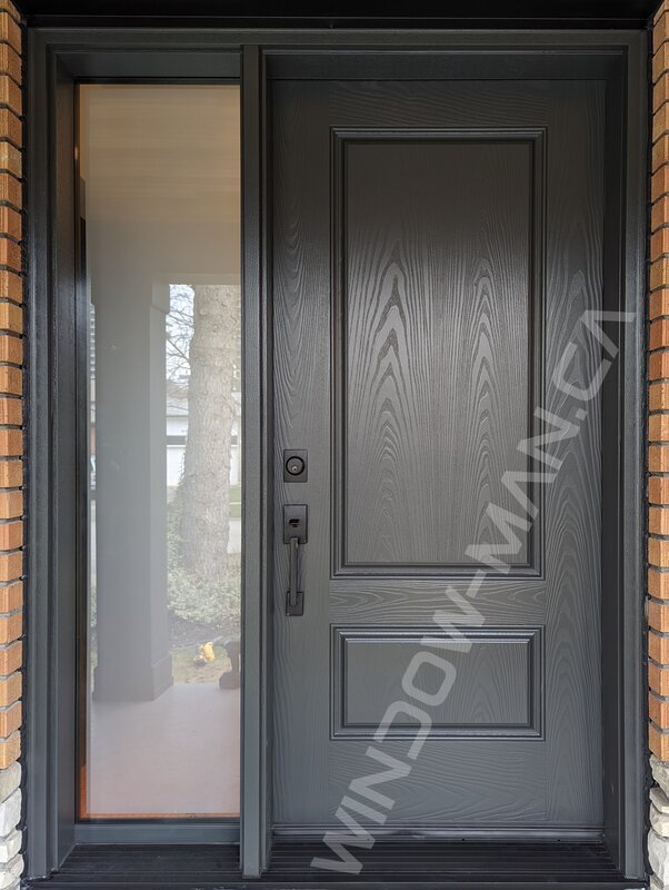 iron ore fiberglass door with sidelight and clear border glass, wide sidelight