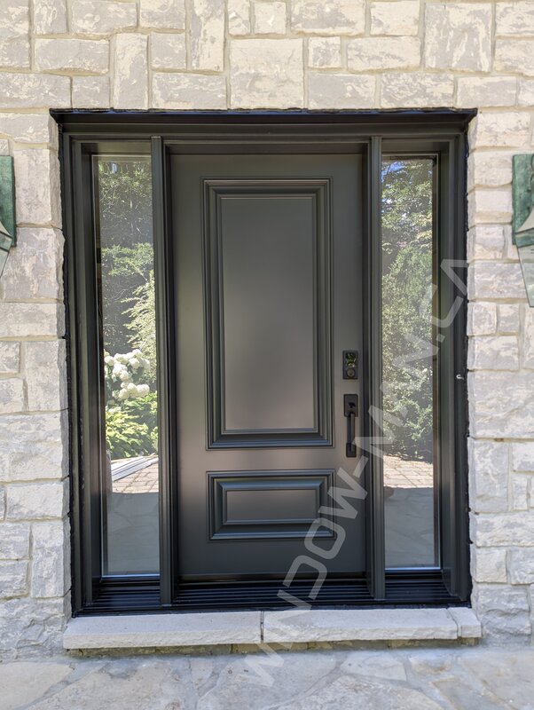 iron ore single steel door with sidelights and clear border glass, executive panels - view from the outside