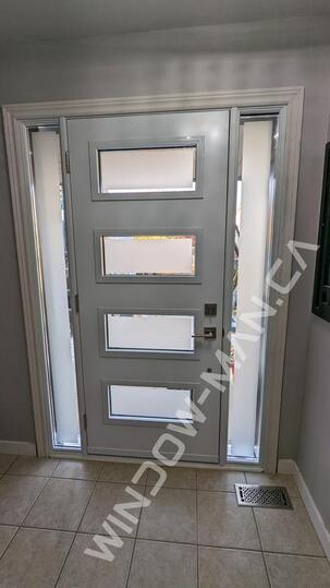 modern black front door with sidelights shaker frosted clear border glass - view from the inside