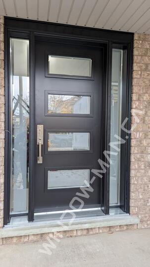 modern black front door with sidelights shaker frosted clear border glass - view from the outside