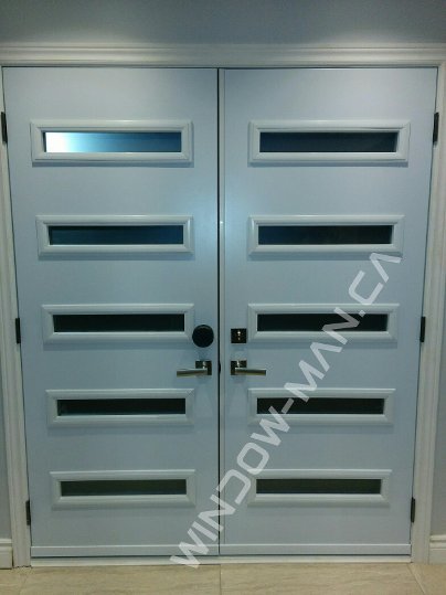 modern entrance doors double in black shaker sandblasted glass - view from the inside