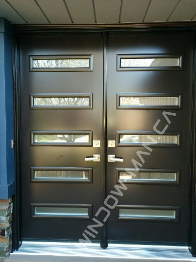 modern entrance doors double in black shaker sandblasted glass - view from the outside