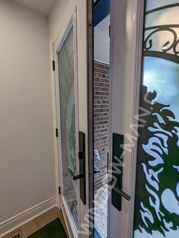 purple steel double door with full forest king wrought iron glass, multipoint lock - detailed close up