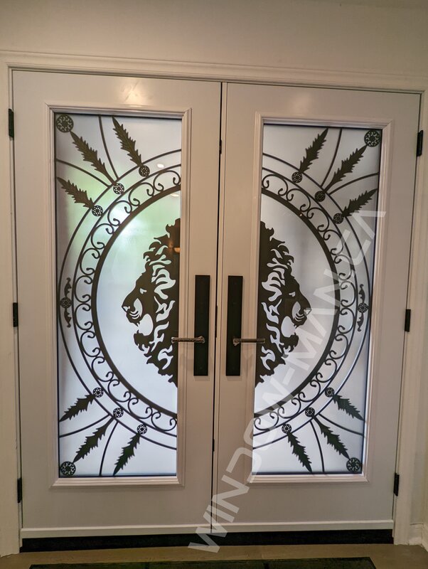 purple steel double door with full forest king wrought iron glass, multipoint lock - view from the inside