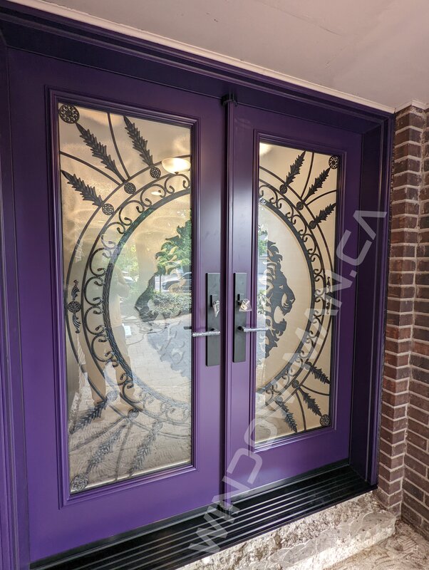 purple steel double door with full forest king wrought iron glass, multipoint lock - view from the outside