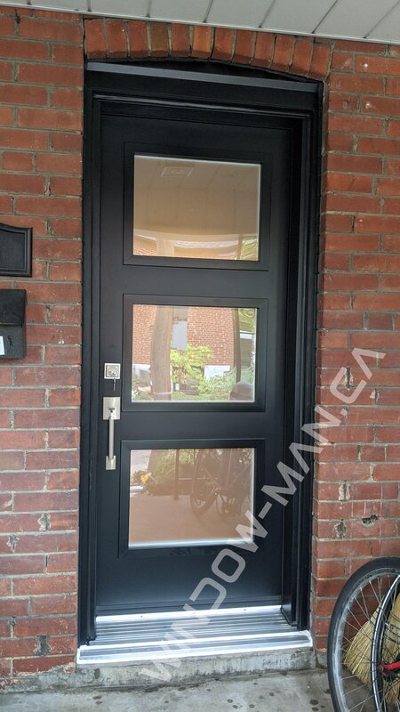 single door with glass panel in black shaker acid etched glass - view from the outside