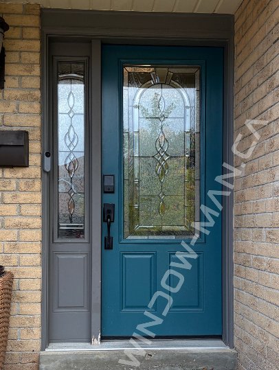slate fiberglass craftsman door with sidelight and small clear border glass, smart lock - before-after