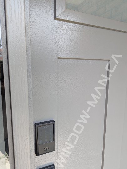 slate fiberglass craftsman door with sidelight and small clear border glass, smart lock - before