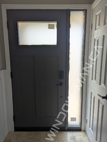 slate fiberglass craftsman door with sidelight and small clear border glass, smart lock - view from the inside