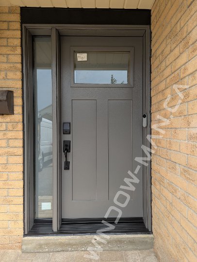 slate fiberglass craftsman door with sidelight and small clear border glass, smart lock - view from the outside