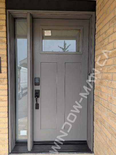 slate fiberglass craftsman door with sidelight and small clear border glass, smart lock