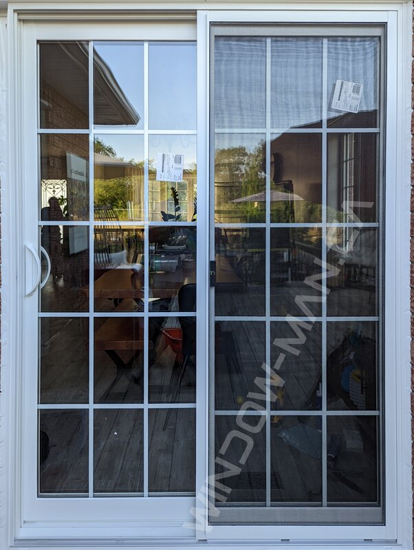 sliding vinyl door with full glass and 15 lite 3x5 grid