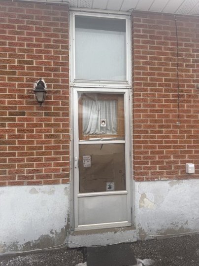 side entrance door with half acid glass and transom - before-after