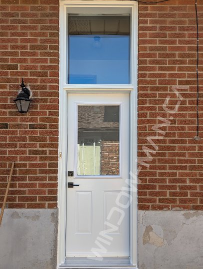 side entrance door with half acid glass and transom