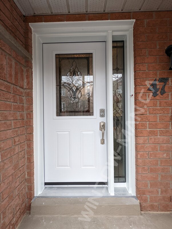 steel door with half northbay stained glass, smart lock - view from the outside