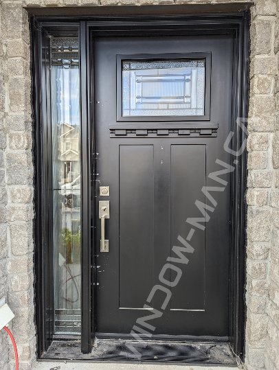 steel door with sidelight and full blackburn wrought iron glass - before-after
