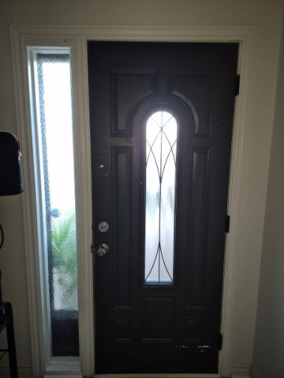 steel door with sidelight and full century wrought iron glass, smart lock - before-after
