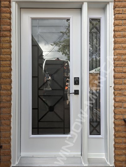 steel door with sidelight and full century wrought iron glass, smart lock