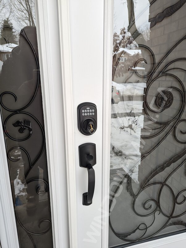 steel door with sidelight and full port union wrought iron glass, smart lock, active sidelight - detailed close up