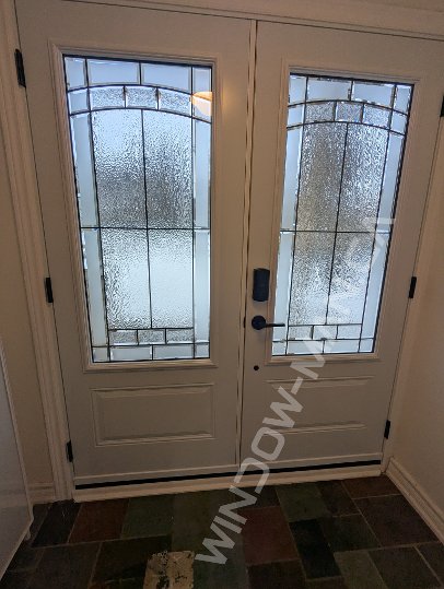 steel double door with 3/4 ashbourne stained glass, smart lock - view from the inside