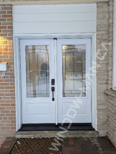 steel double door with 3/4 ashbourne stained glass, smart lock - view from the outside
