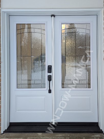 steel double door with 3/4 ashbourne stained glass, smart lock