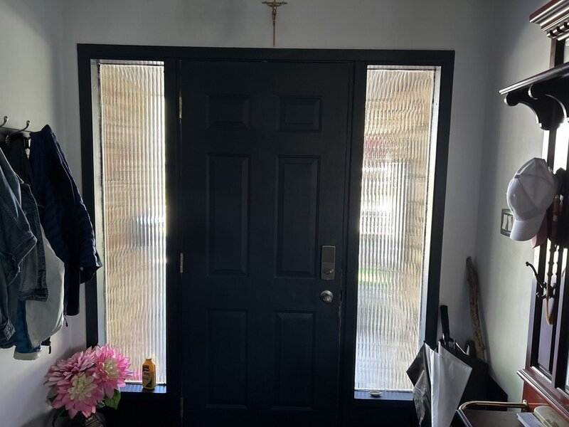 steel double door with full malibu wrought iron glass and smart lock - before