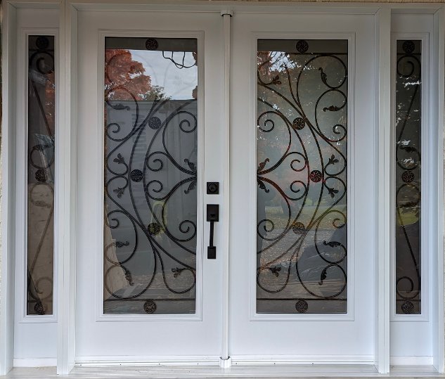 steel double door with sidelights and full campbellsford wrought iron glass