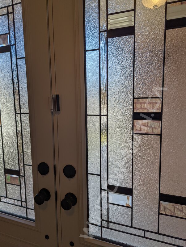 steel double door with 3/4 trimlite hollister stained glass - before-after