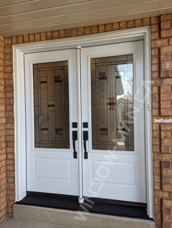steel double door with 3/4 trimlite hollister stained glass - view from the outside