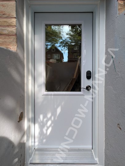 steel short basement door with half clear glass, smart lock