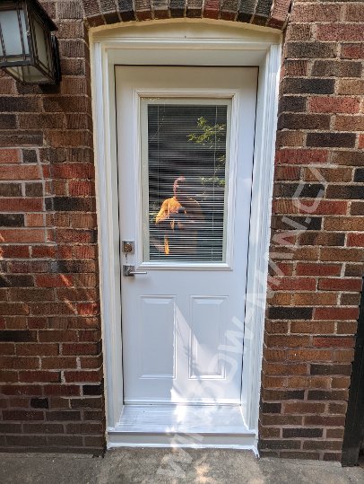 steel short door with half clear glass and mini blinds - view from the outside